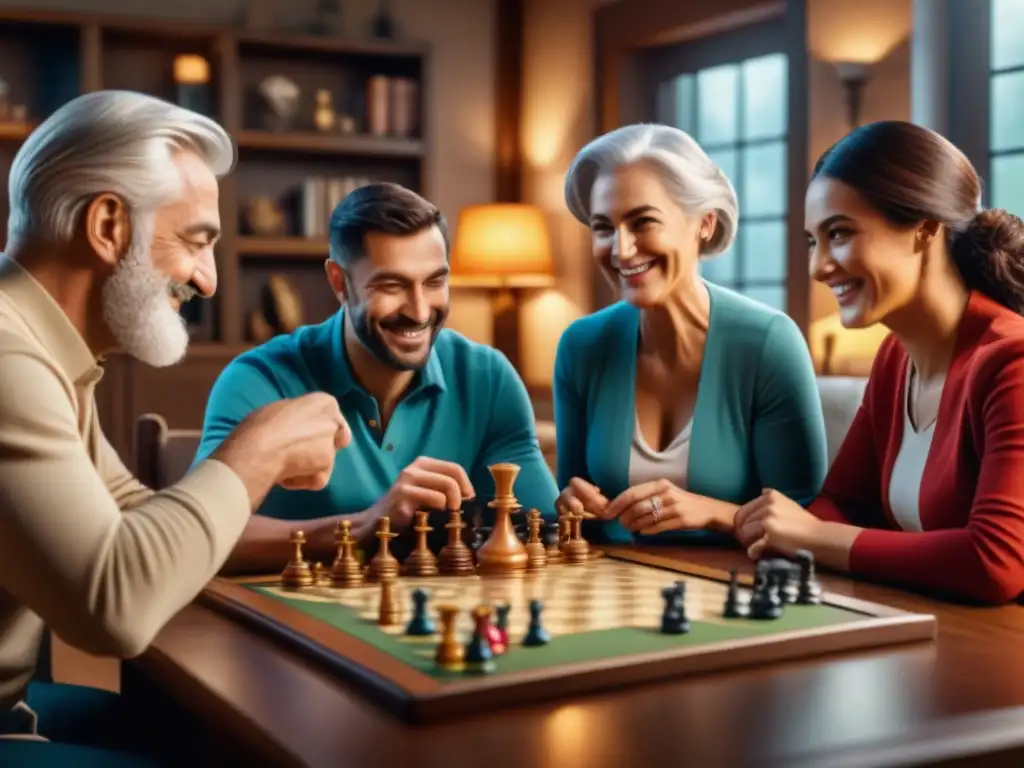 Abuela sonriente lidera juego familiar en mesa grande