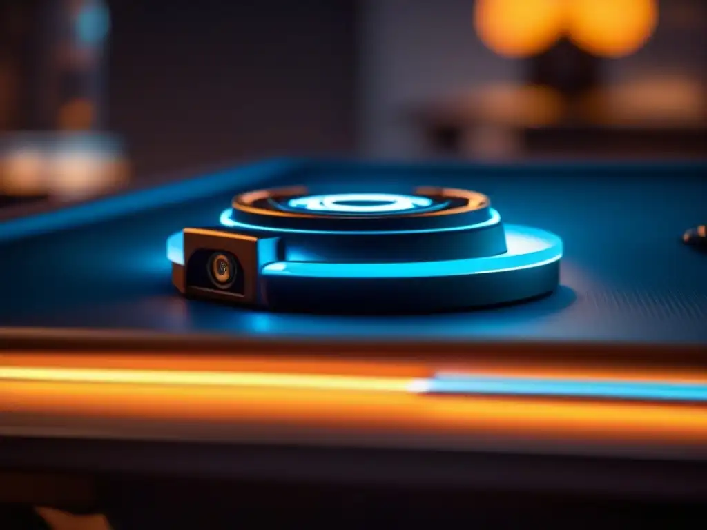 Accesorios mesa juegos imprescindibles: Detalle moderno y funcional de portavasos LED en mesa gaming, iluminando ambiente inmersivo