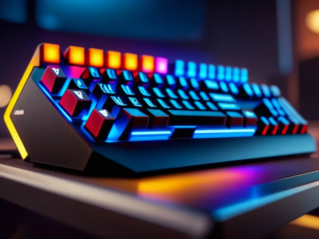 Accesorios mesa juegos imprescindibles: Detalle de teclado LED gaming iluminado con diseño futurista y colores vibrantes