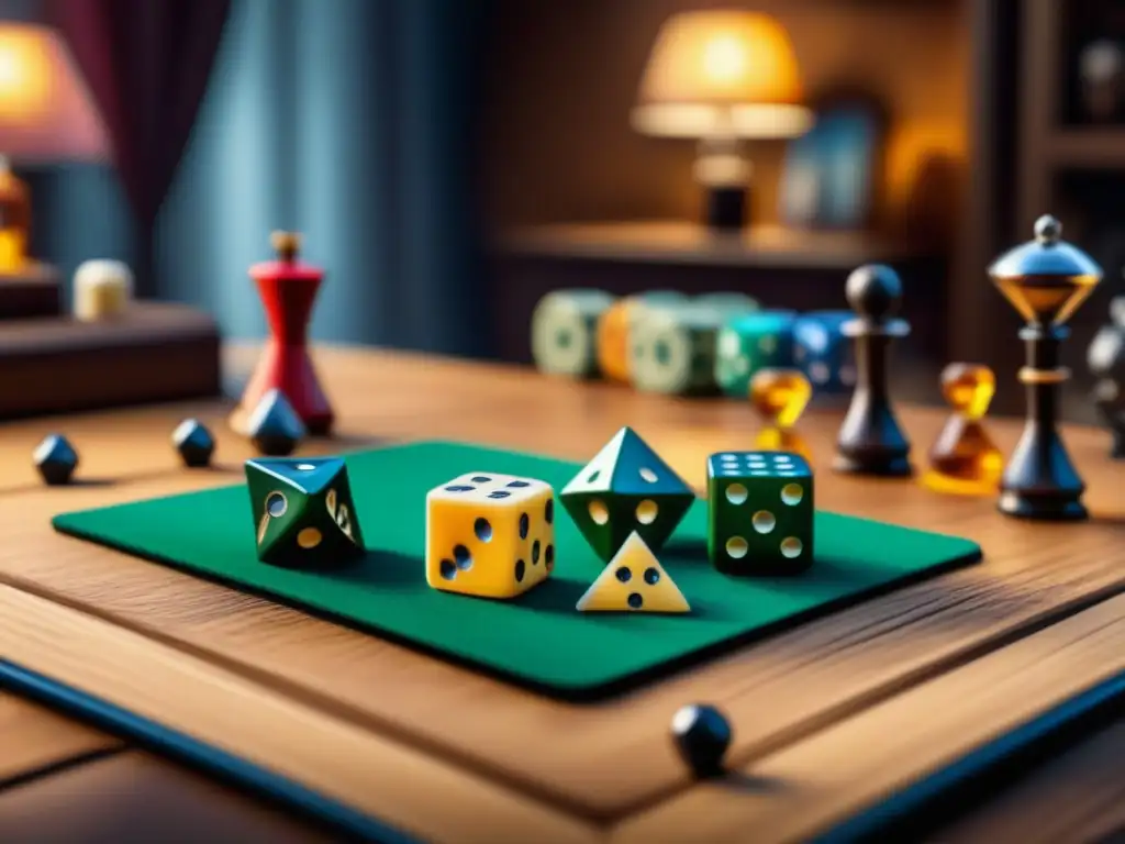 Accesorios juegos mesa subestimados: Detalles y diversidad en accesorios de juegos de mesa sobre mesa de madera, con dados, cartas y figuras