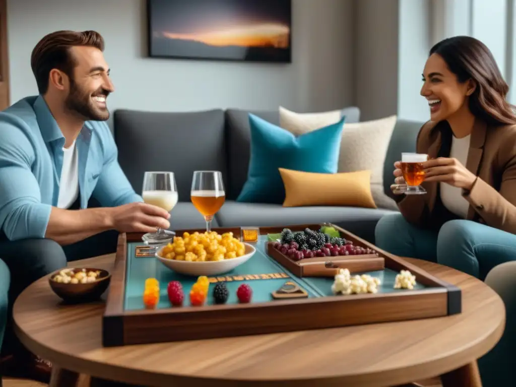 Acogedor maridaje de snacks para juegos en sala de estar con amigos y juegos de mesa