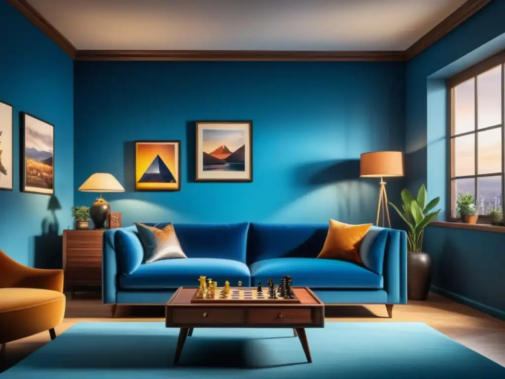 Acogedor salón con decoración temática juegos de mesa en azul, con sofá de terciopelo, almohadones y juegos de mesa ordenados