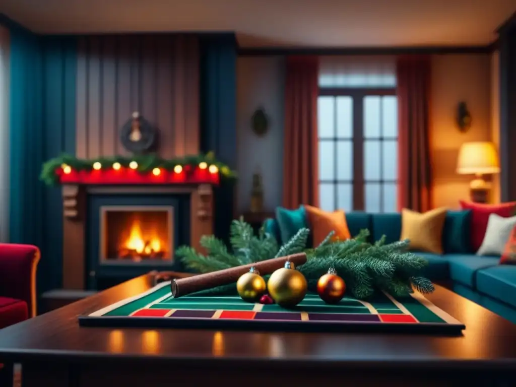 Acogedora sala de estar decorada para Navidad con familia y amigos disfrutando de juegos de mesa festivos