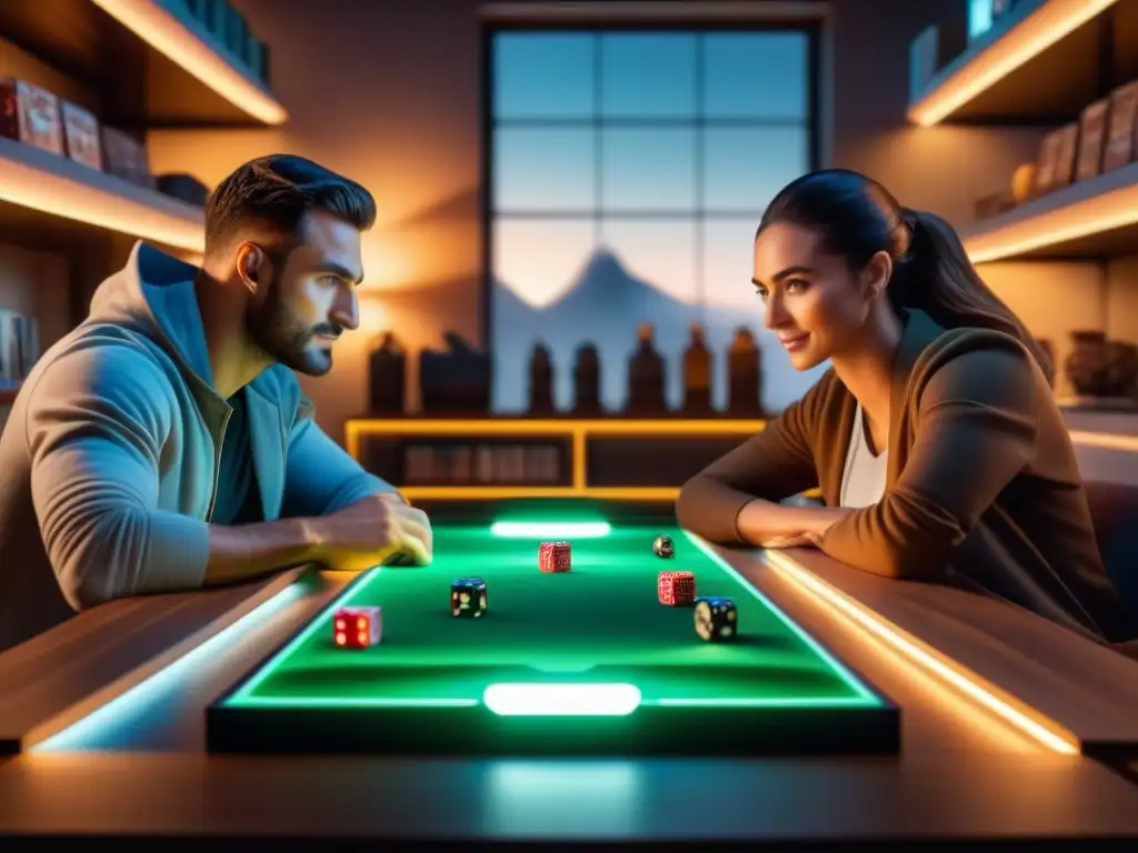 Acogedora sala de juegos de mesa iluminada con tiras LED, amigos emocionados en partida