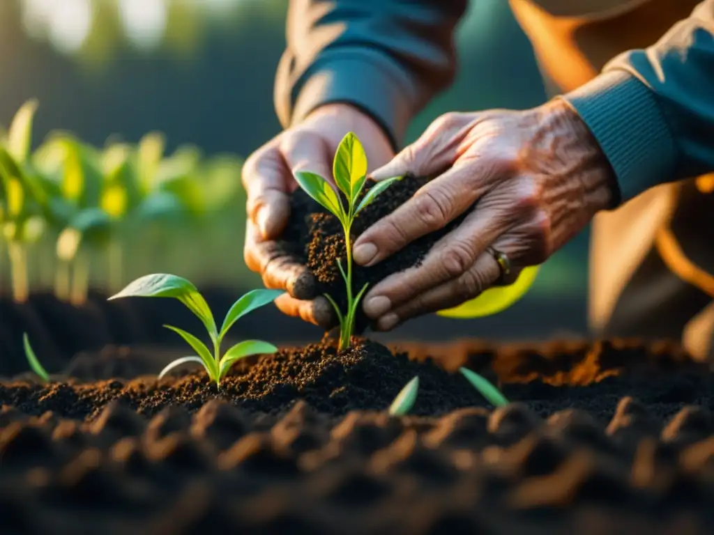 Un agricultor experimentado planta delicadamente plántulas verdes en suelo fértil, bajo la cálida luz del sol