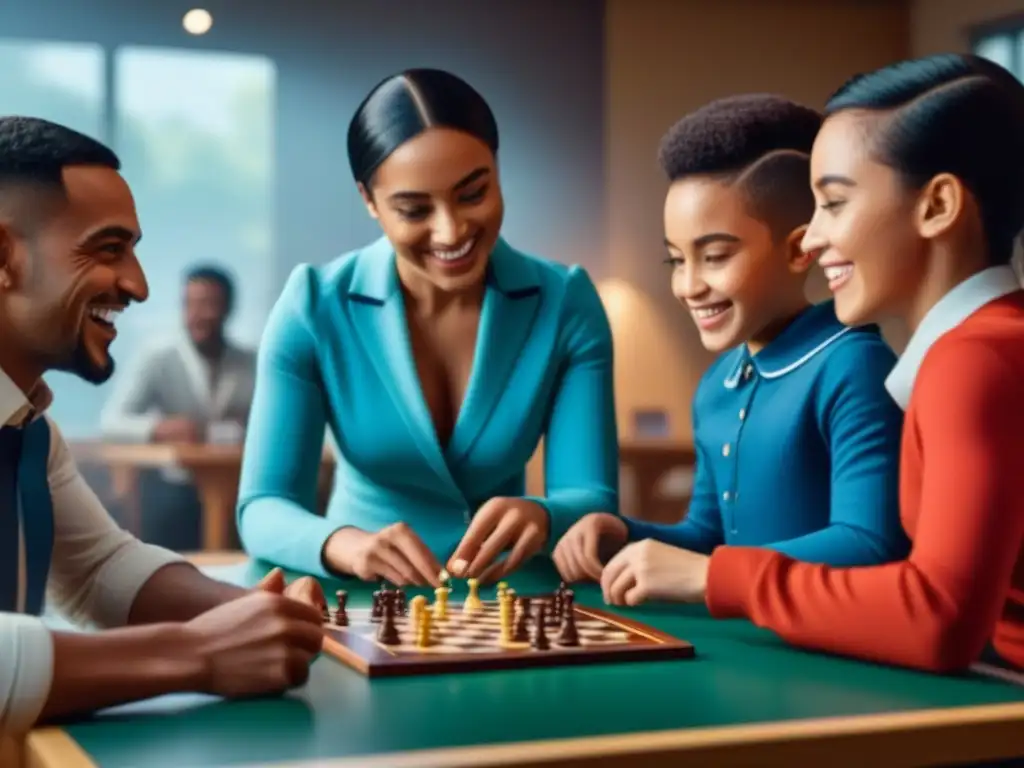 Un alegre grupo de niños de diversas etnias y géneros juega juegos de mesa educativos en un aula luminosa y colorida, creando un ambiente educativo inspirador