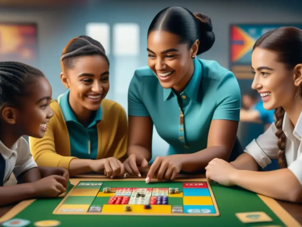 Un alegre grupo de niños de diversas etnias y géneros juega concentrado un colorido juego de mesa en un aula, fomentando habilidades sociales