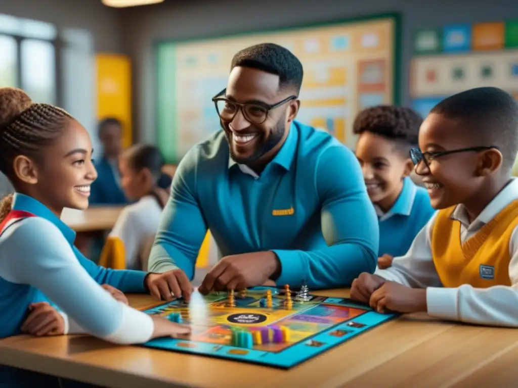 Un alegre grupo de niños con habilidades y discapacidades diversas disfruta de un juego de mesa en un aula de educación especial, mostrando inclusión y diversión