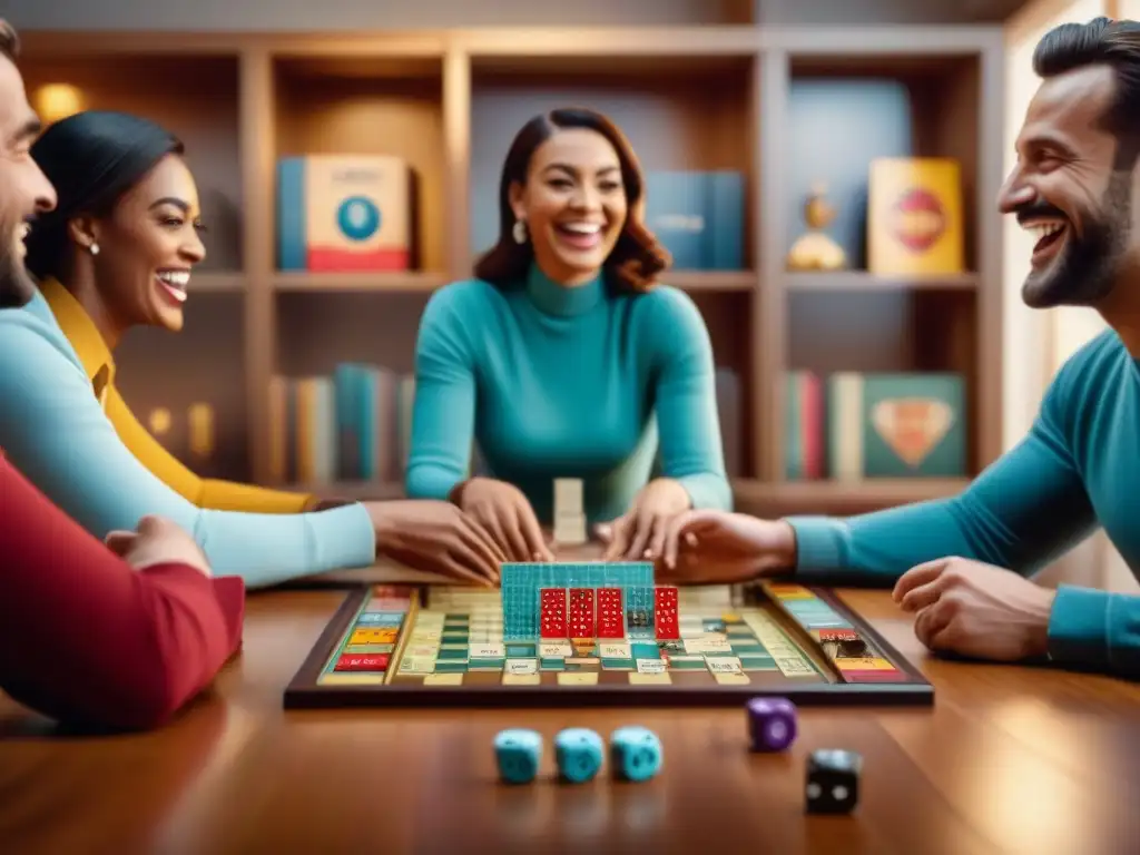 Amigos disfrutando de juegos de mesa en ambiente acogedor Una alegre reunión alrededor de juegos de mesa en una habitación acogedora