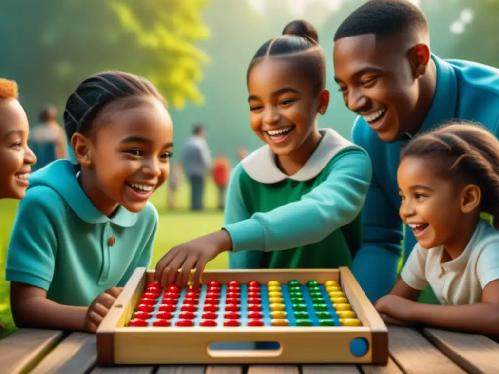 Diversión y alegría en un vibrante parque mientras niños juegan 'Connect 4'