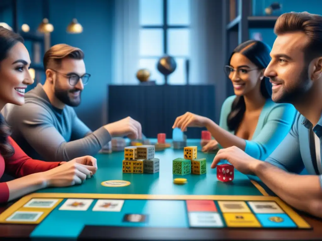 Alianzas con influencers para juegos de mesa: Grupo diverso disfruta de una partida estratégica, rodeados de juegos y emoción