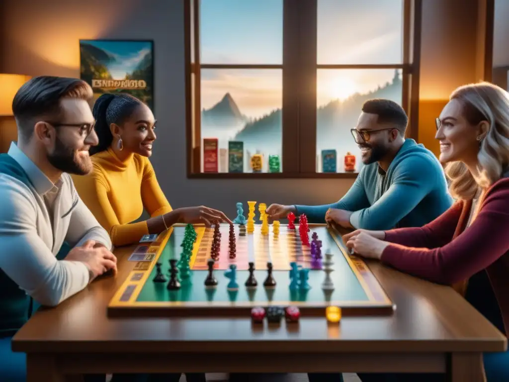 Alianzas con influencers para juegos de mesa: Grupo diverso colabora apasionadamente alrededor de coloridos juegos de mesa