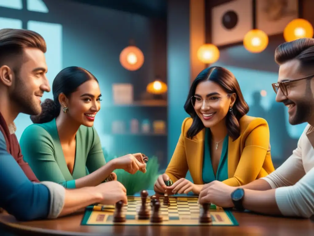 Alianzas con influencers para juegos de mesa: Grupo diverso de influencers disfrutando apasionadamente de juegos de mesa en un café acogedor