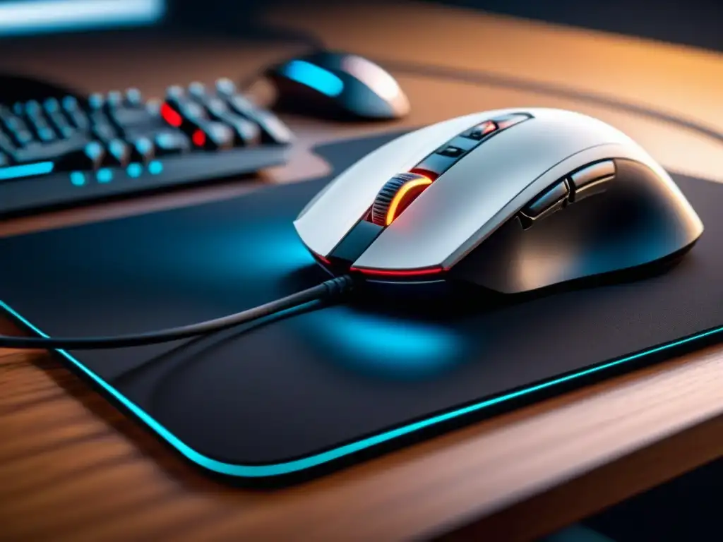 Mouse pad premium para gaming: detalle y estilo en acción Una almohadilla de ratón premium para juegos con detalles de alta calidad y diseño elegante, en un entorno de juego profesional