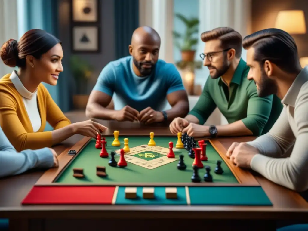 Un ambiente acogedor donde amigos disfrutan de un juego de estrategia en una mesa rodeada de juegos de mesa