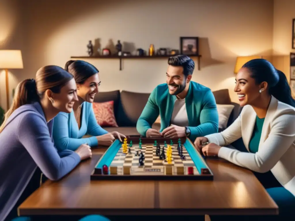 Un ambiente acogedor de amigos disfrutando de juegos de mesa en una noche perfecta de juegos