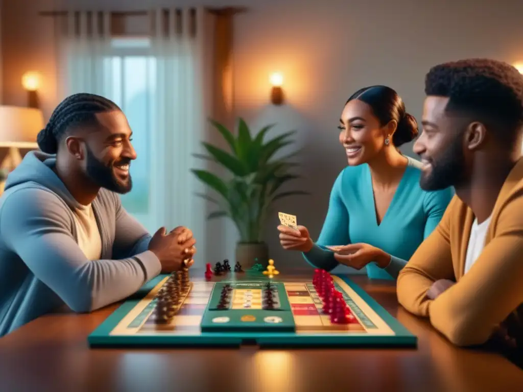 Un ambiente acogedor donde amigos juegan juegos de mesa terapia conversaciones en una habitación cálidamente iluminada