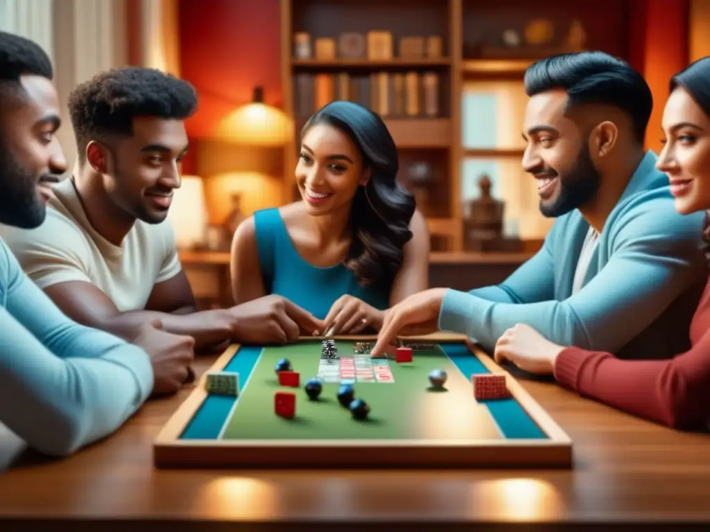 Un ambiente acogedor de amigos disfrutando de juegos de mesa, utilizando aplicaciones móviles para organizar partidas