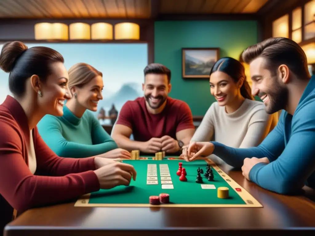 Un ambiente acogedor en un bar con juegos de mesa, donde personas diversas disfrutan de la camaradería y la diversión de los juegos de mesa en bares