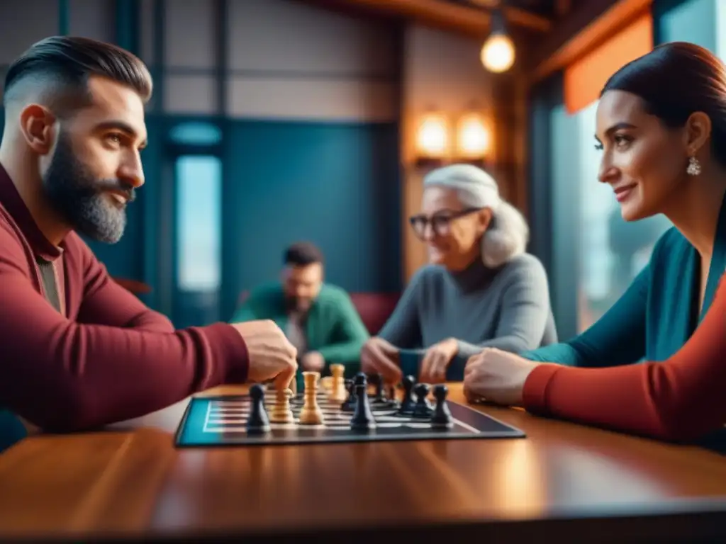 Un ambiente acogedor en un café, donde personas de distintas edades y orígenes disfrutan de juegos de mesa como terapia, creando vínculos y alegría