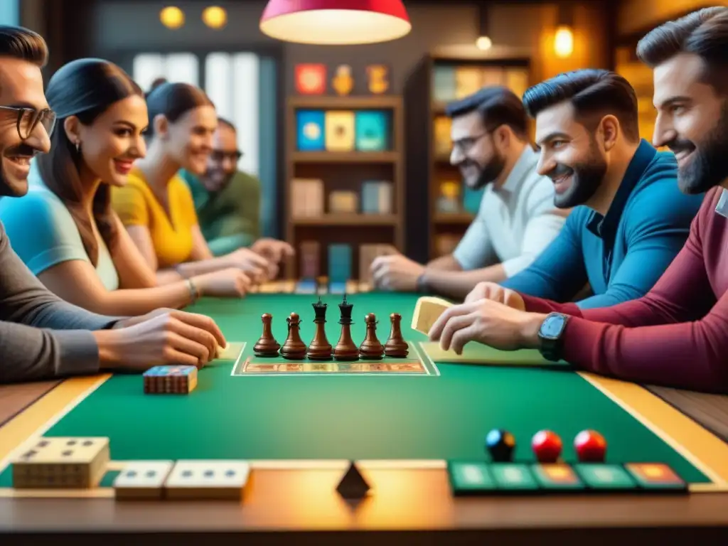 Un ambiente acogedor en una cafetería de juegos de mesa, donde entusiastas construyen comunidad a través de la diversión y camaradería