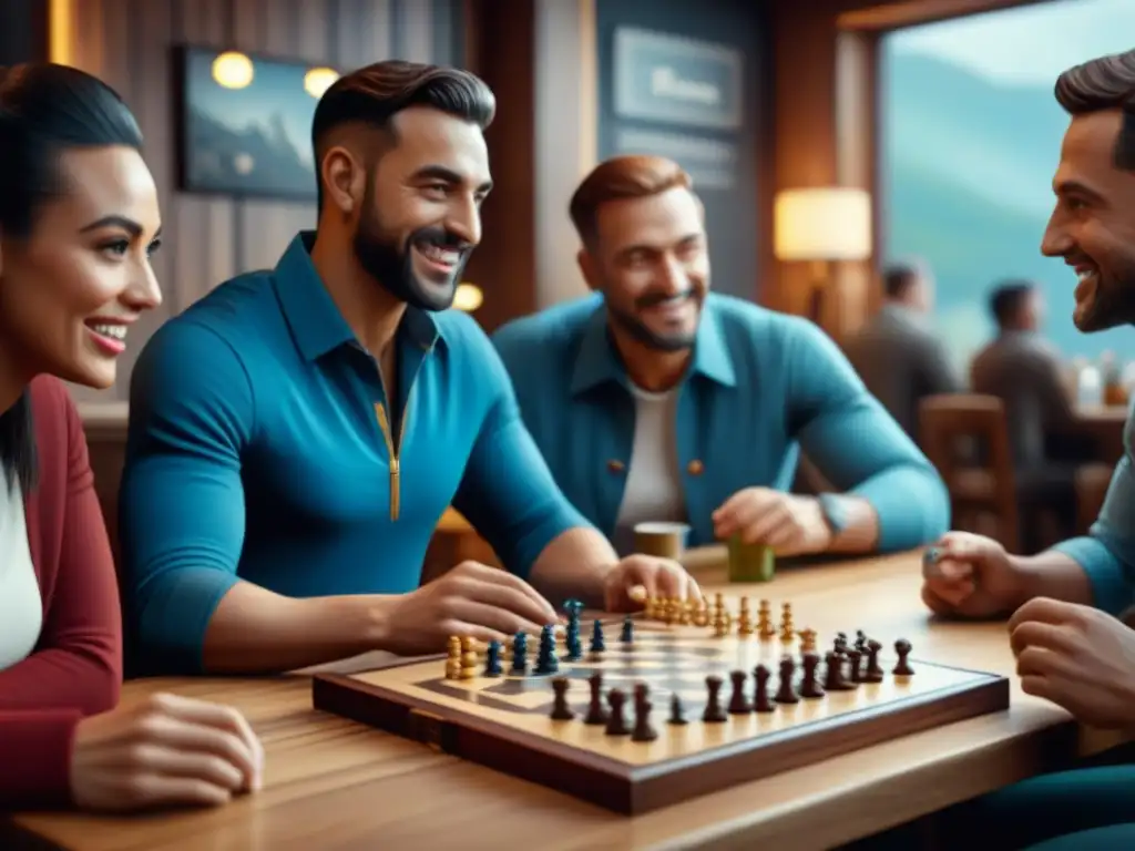 Un ambiente acogedor en una cafetería donde personas diversas juegan juegos de mesa, promoviendo el impacto ambiental y la interacción social