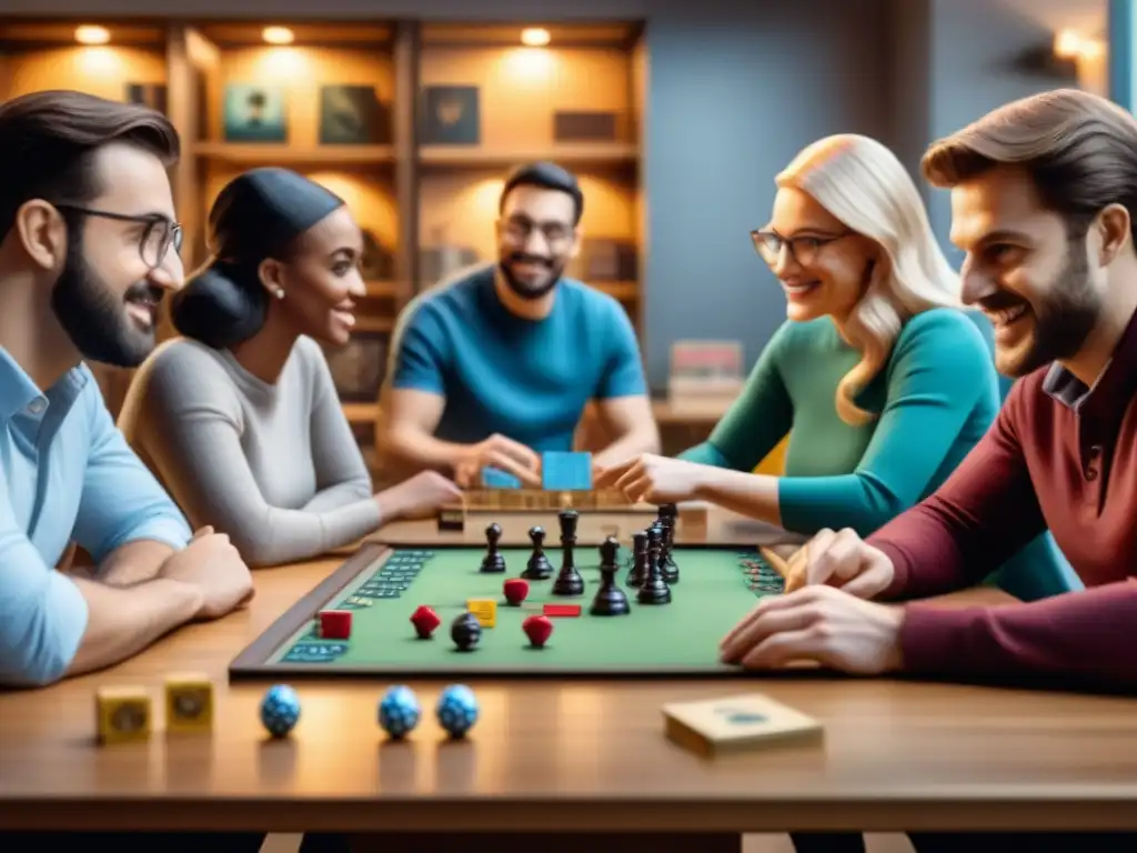 Un ambiente acogedor con entusiastas de juegos de mesa participando en una noche competitiva rodeados de estantes llenos de juegos