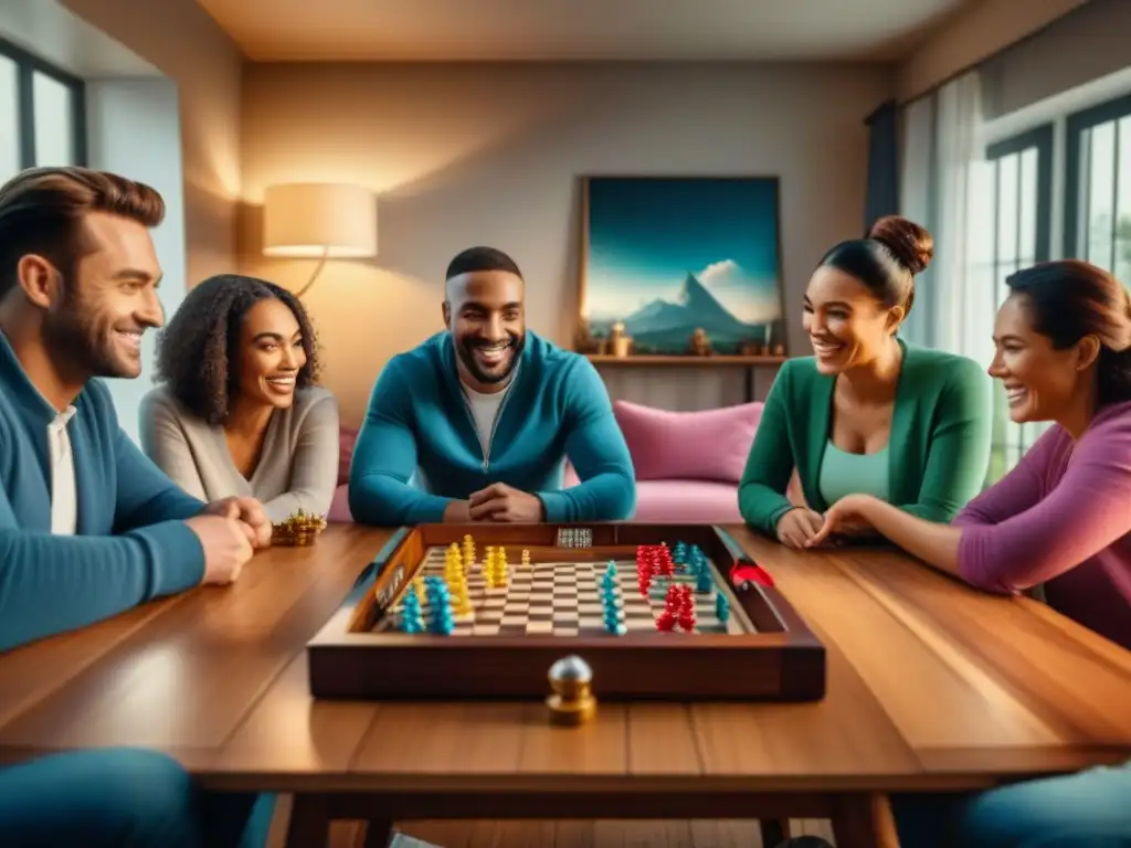 Un ambiente acogedor con familias diversas disfrutando de juegos de mesa en una sala llena de coloridas opciones