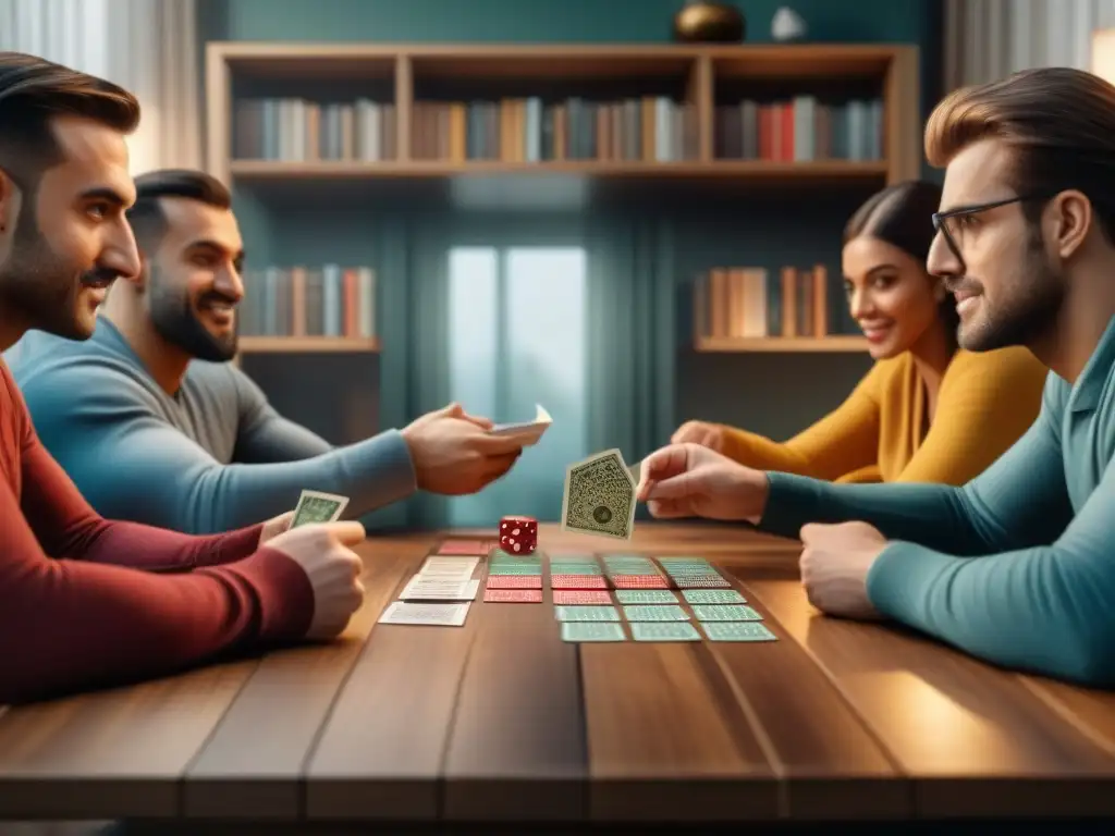 Un ambiente acogedor con gente diversa inmersa en un juego de cartas, mostrando emoción y concentración