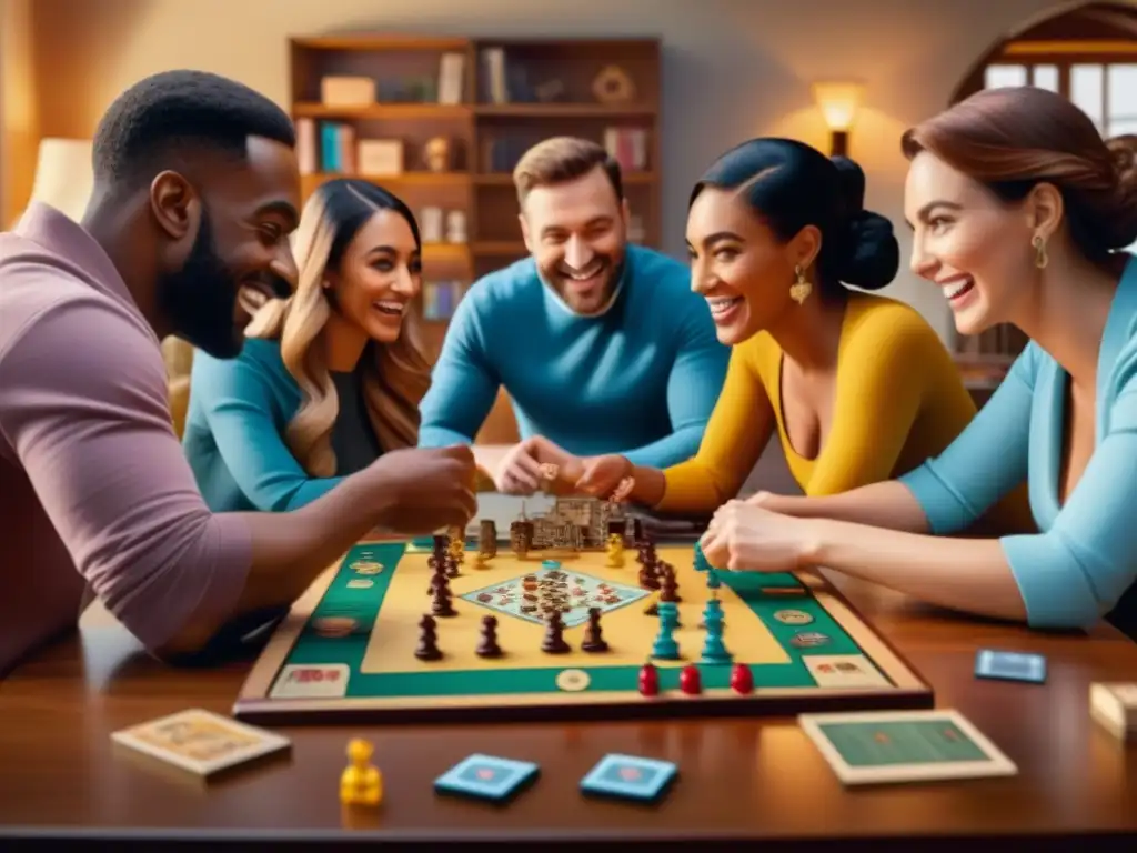 Un ambiente acogedor donde personas diversas disfrutan de juegos de mesa, mostrando alegría y camaradería