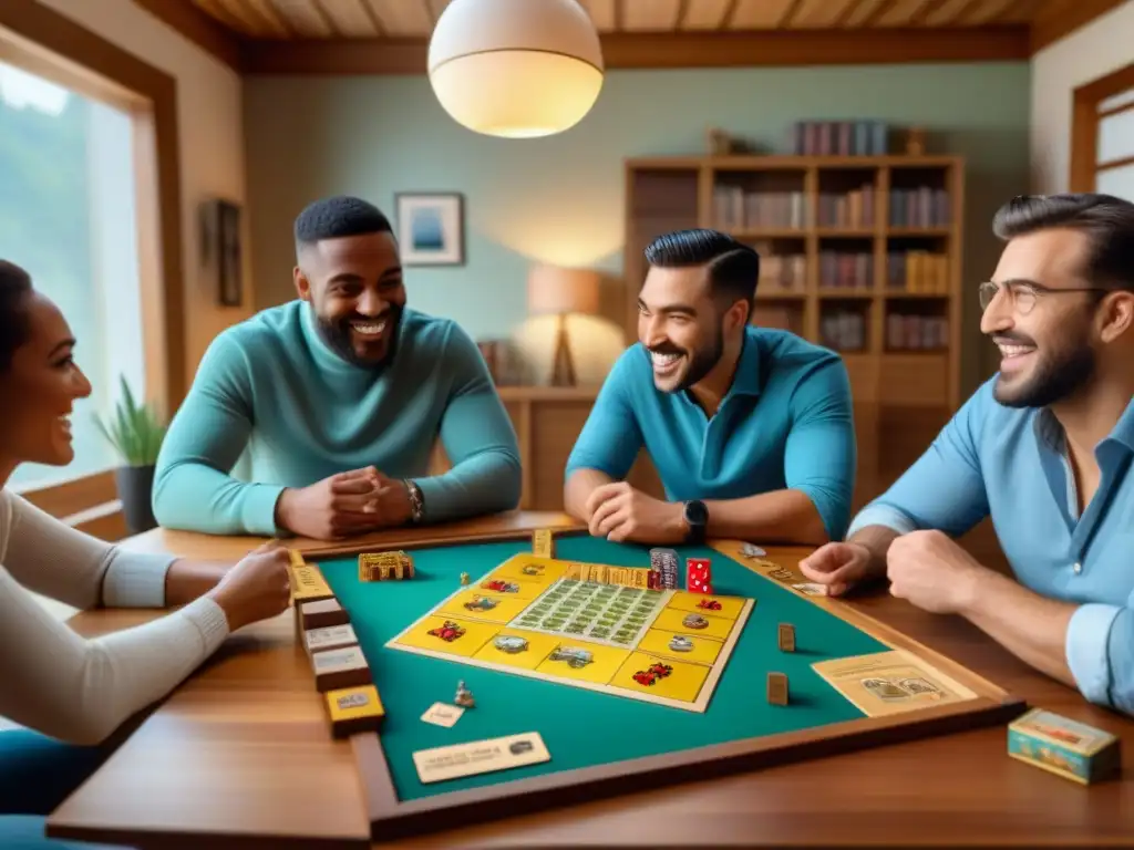 Un ambiente acogedor con personas de diferentes edades disfrutando de juegos de mesa en una gran mesa de madera