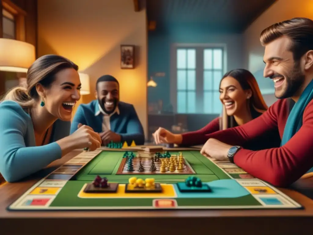 Un ambiente acogedor en una sala llena de juegos de mesa para fiestas, con personas riendo y disfrutando de la diversión y la competencia amistosa