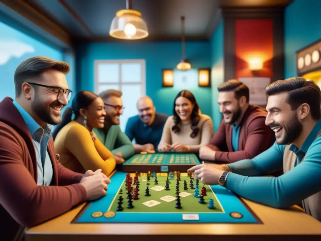 Un ambiente cálido y acogedor en un café de juegos de mesa, donde personas diversas comparten risas y camaradería mientras juegan