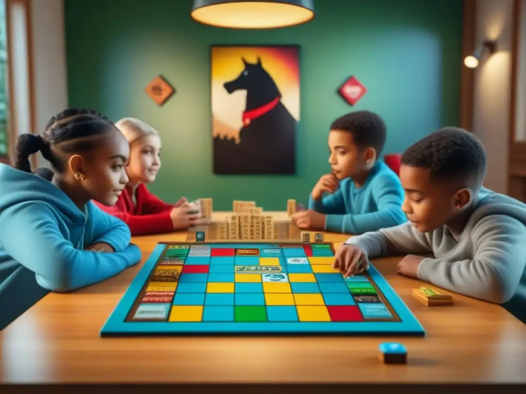 Un ambiente educativo vibrante con niños de diversas edades y etnias disfrutando de juegos de mesa educativos, fomentando el desarrollo cognitivo