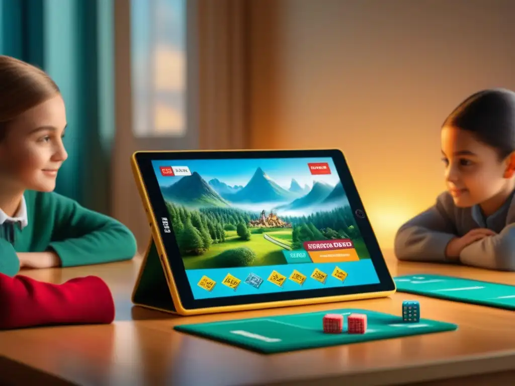 Un ambiente educativo vibrante con niños disfrutando de apps educativas y juegos de mesa clásicos como Scrabble y Monopoly