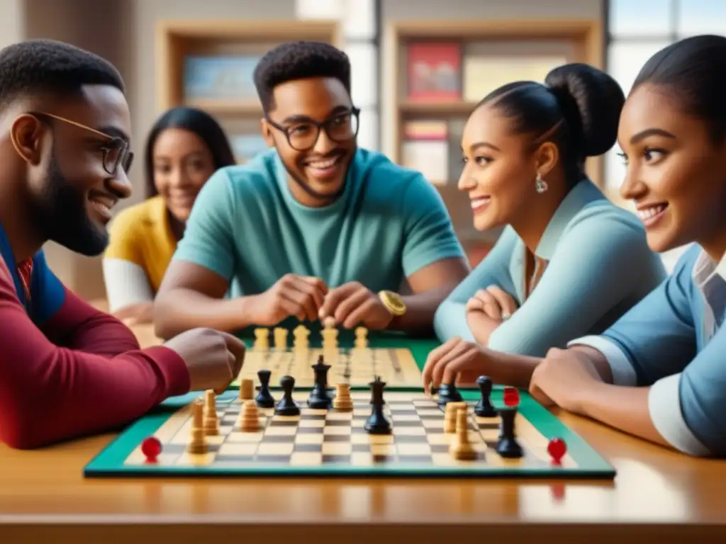 Un ambiente inclusivo y cálido en educación especial, con alumnos concentrados en juegos de mesa como Scrabble, Ajedrez y Uno