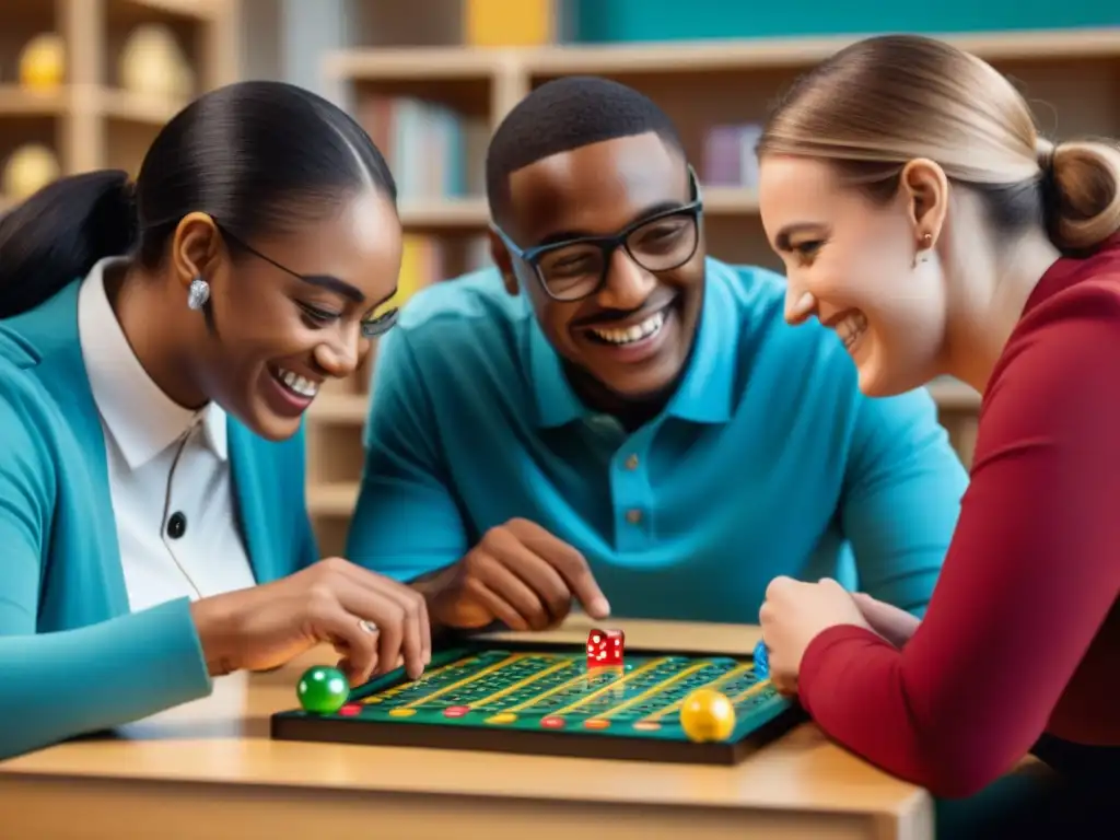 Un ambiente inclusivo y educativo con estudiantes diversos participando en juegos de mesa educativos adaptados