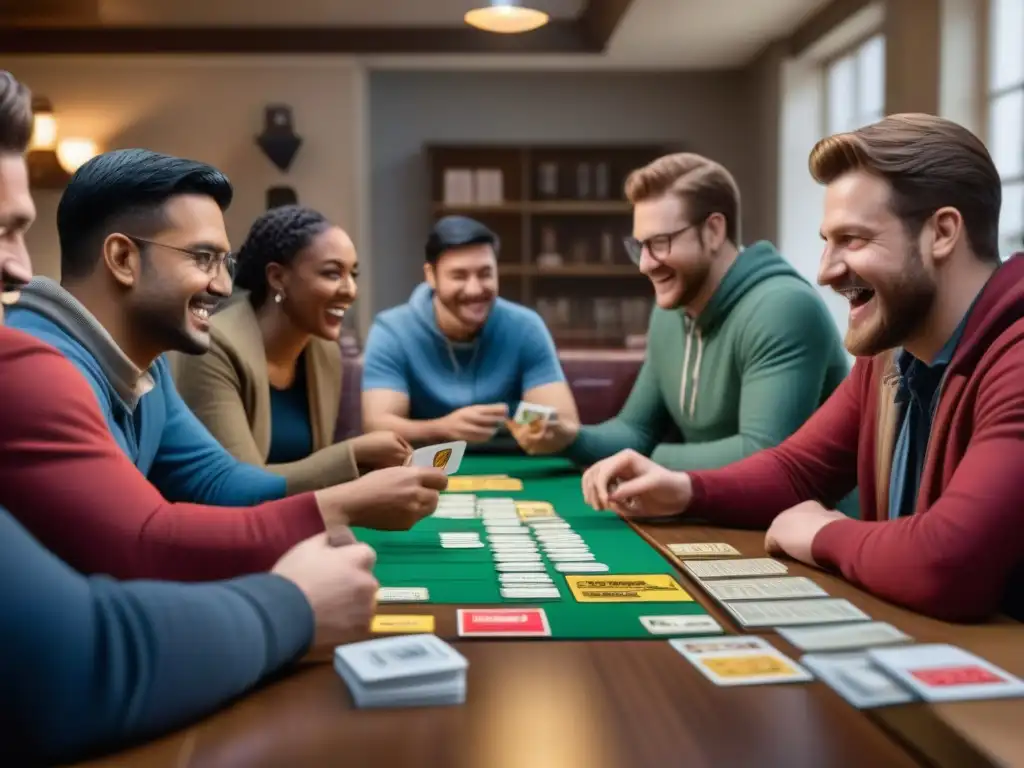 Un ambiente vibrante en un café de juegos de mesa, donde personas de diferentes edades juegan Cards Against Humanity, reflejando la diversidad y la diversión del juego