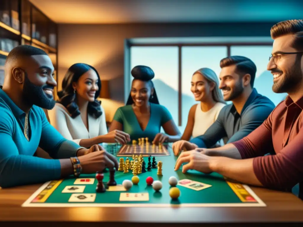 Un ambiente vibrante en una reunión de personas diversas disfrutando de juegos de mesa