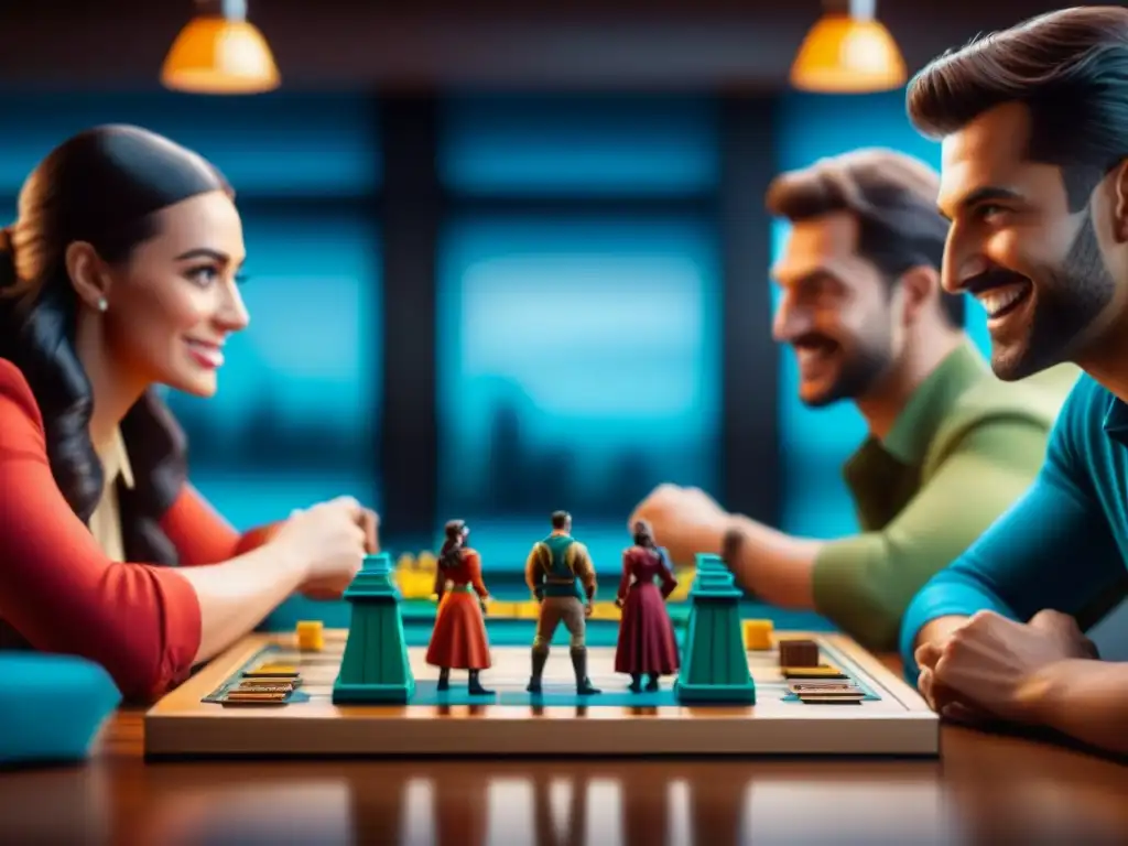 Amigos disfrutan animada sesión de juegos de mesa usados en ambiente vibrante y comunitario