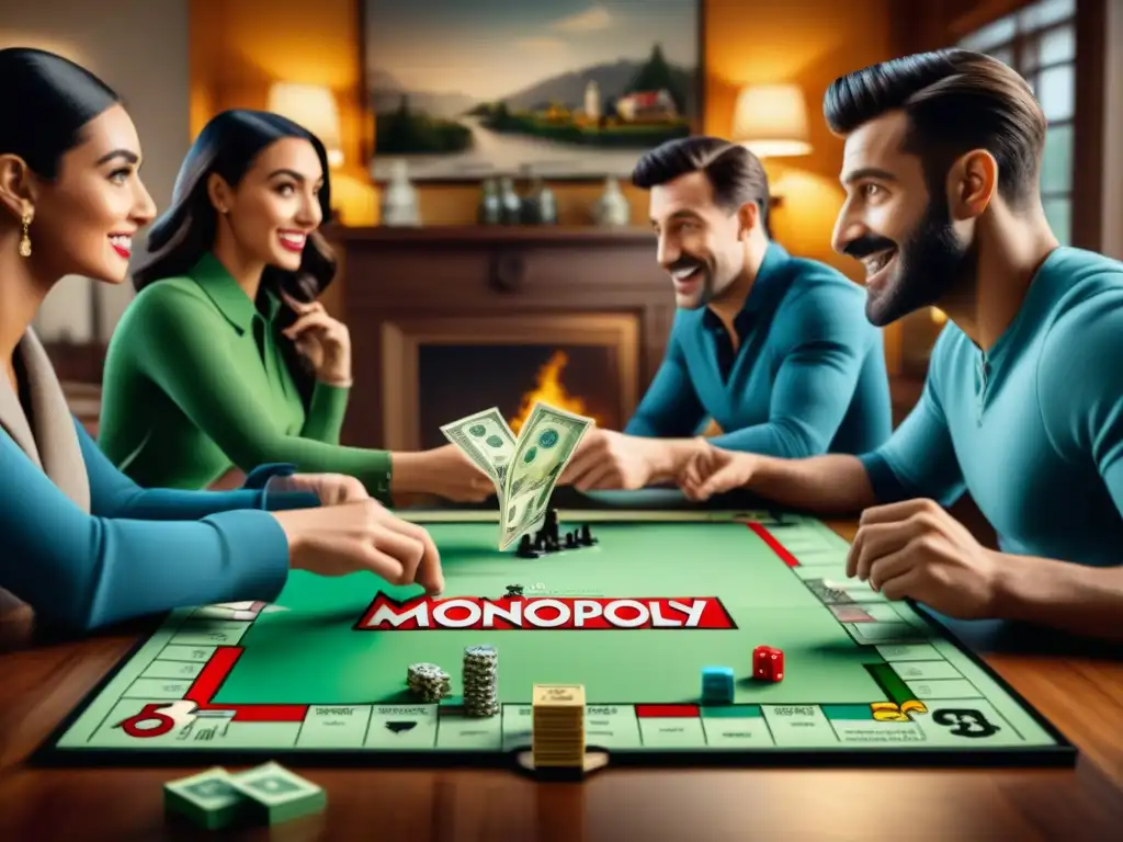 Amigos disfrutando de una animada partida de Monopoly en una acogedora sala llena de juegos de mesa