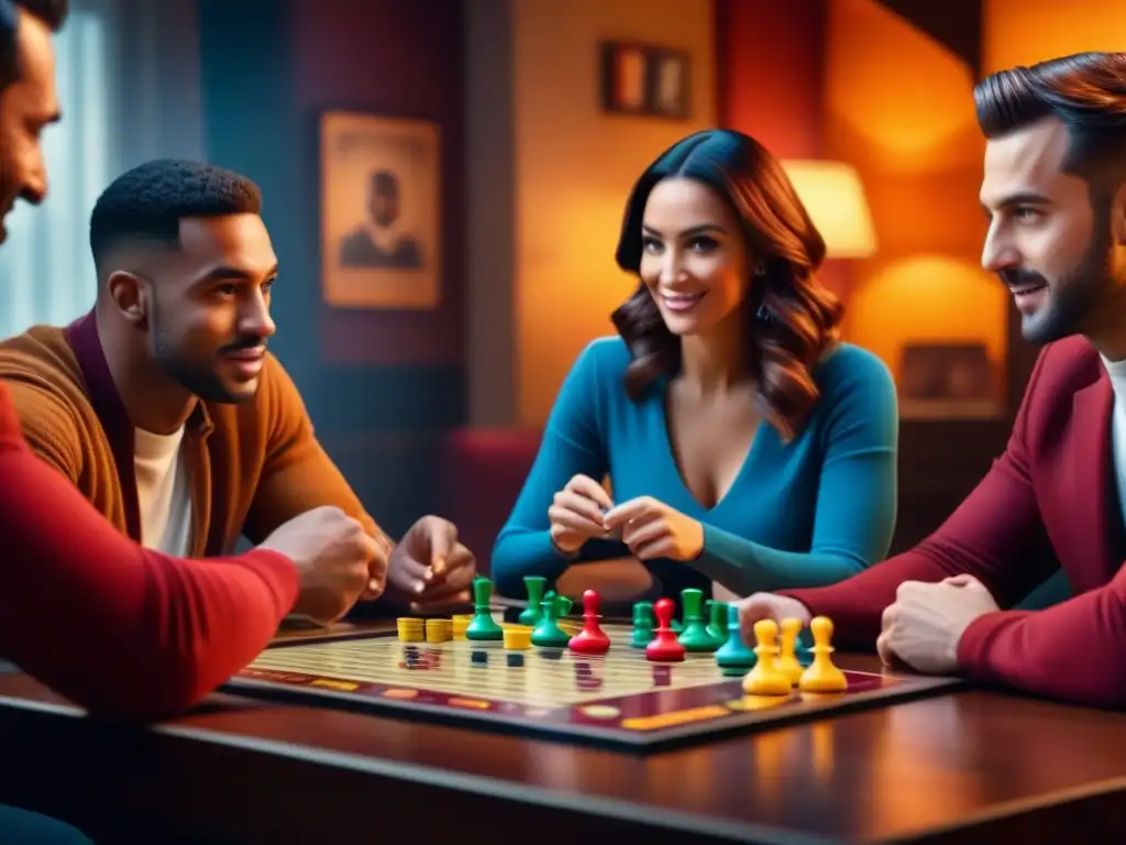 Amigos disfrutando de un animado juego de mesa, con piezas coloridas y cartas