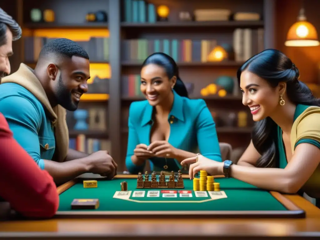 Emoción en juego: amigos disfrutan apasionante partida de mesa Amigos disfrutan de un apasionante juego de tesoros perdidos en una mesa rodeada de juegos de mesa y piezas