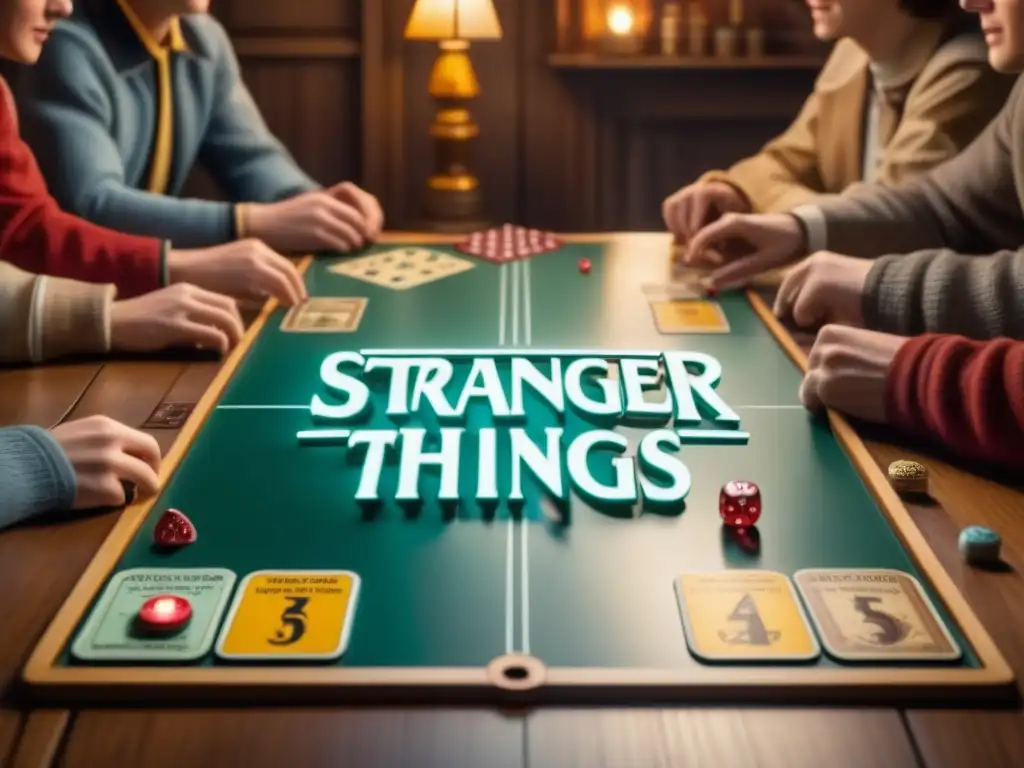 Amigos disfrutan apasionante partida del juego de mesa 'Stranger Things', rodeados de snacks temáticos, en una atmósfera acogedora con luces de hadas