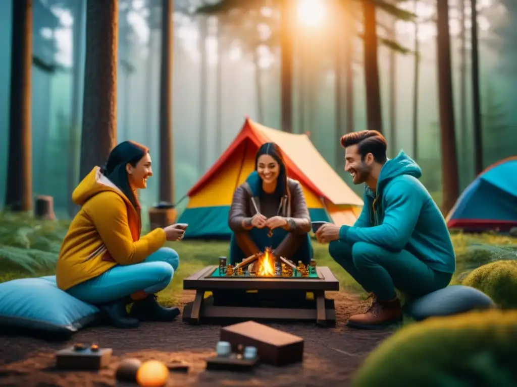 Amigos preparando un campamento de juegos en un bosque, rodeados de diversión y calidez