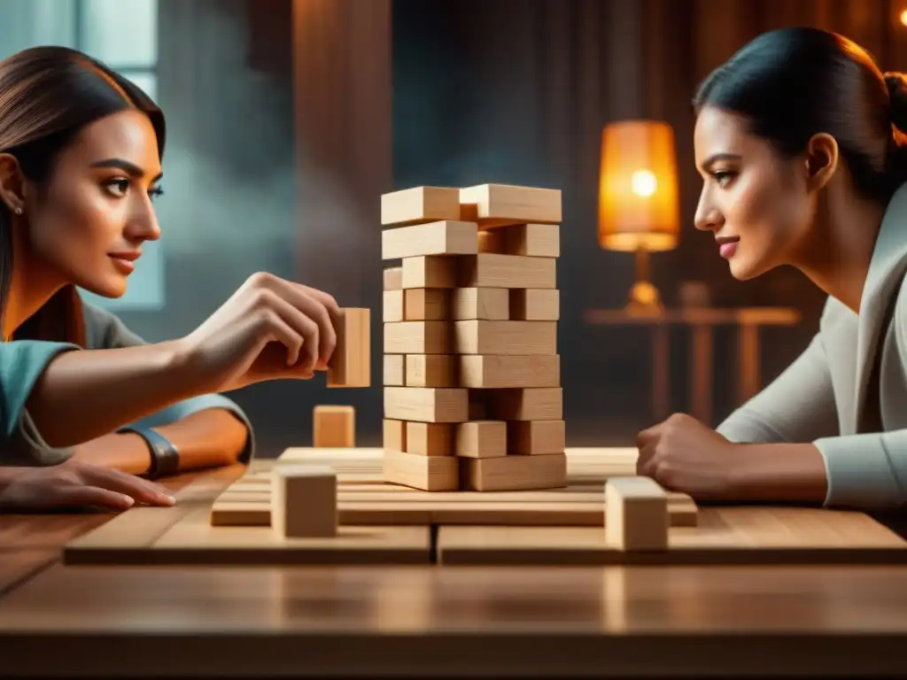 Amigos concentrados jugando Jenga en acogedor salón