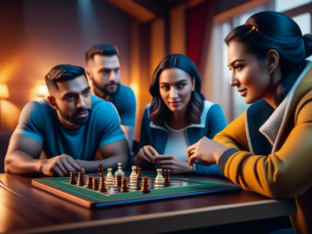 Una fotografía documentar de amigos concentrados y alegres jugando juegos de mesa, envueltos en una atmósfera acogedora y nostálgica