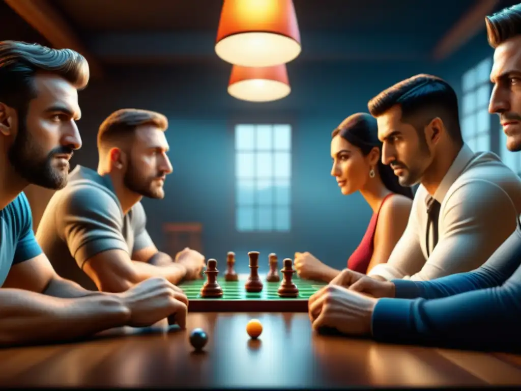 Amigos concentrados y emocionados jugando un juego de mesa estratégico