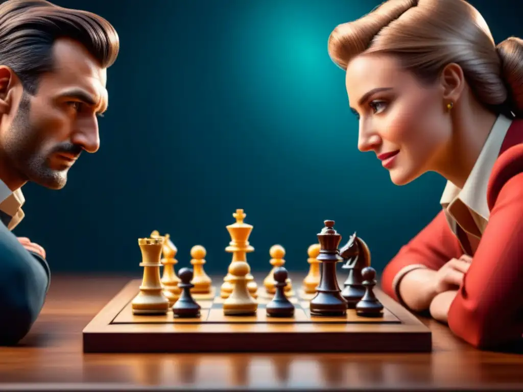 Emoción y estrategia: Amigos juegan ajedrez en tablero de madera Amigos concentrados en un juego de ajedrez, demostrando estrategia y emoción