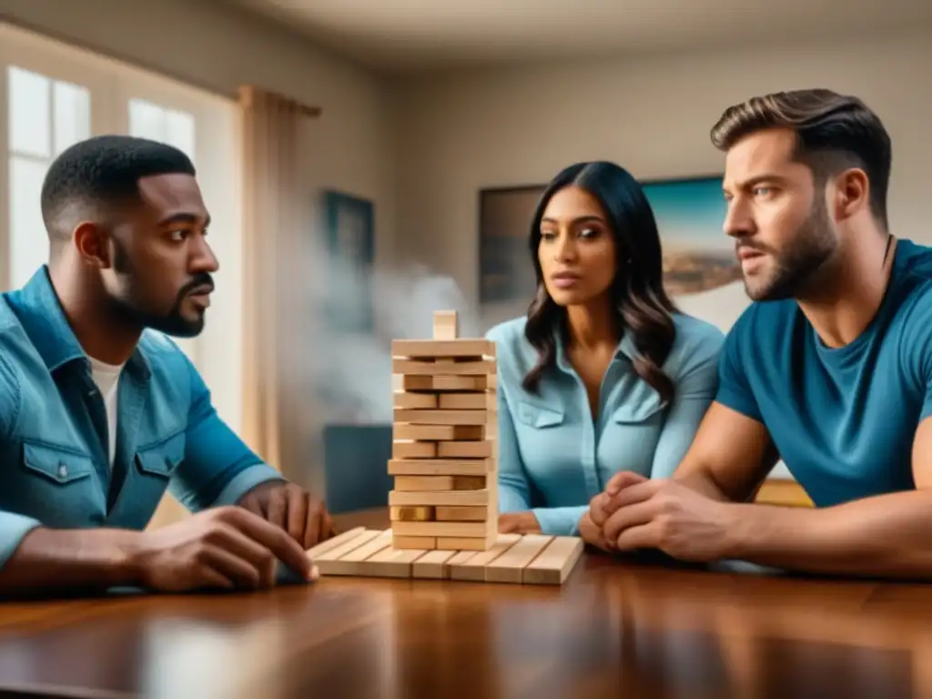 Amigos concentrados en juego de Jenga, con emoción y tensión en el aire